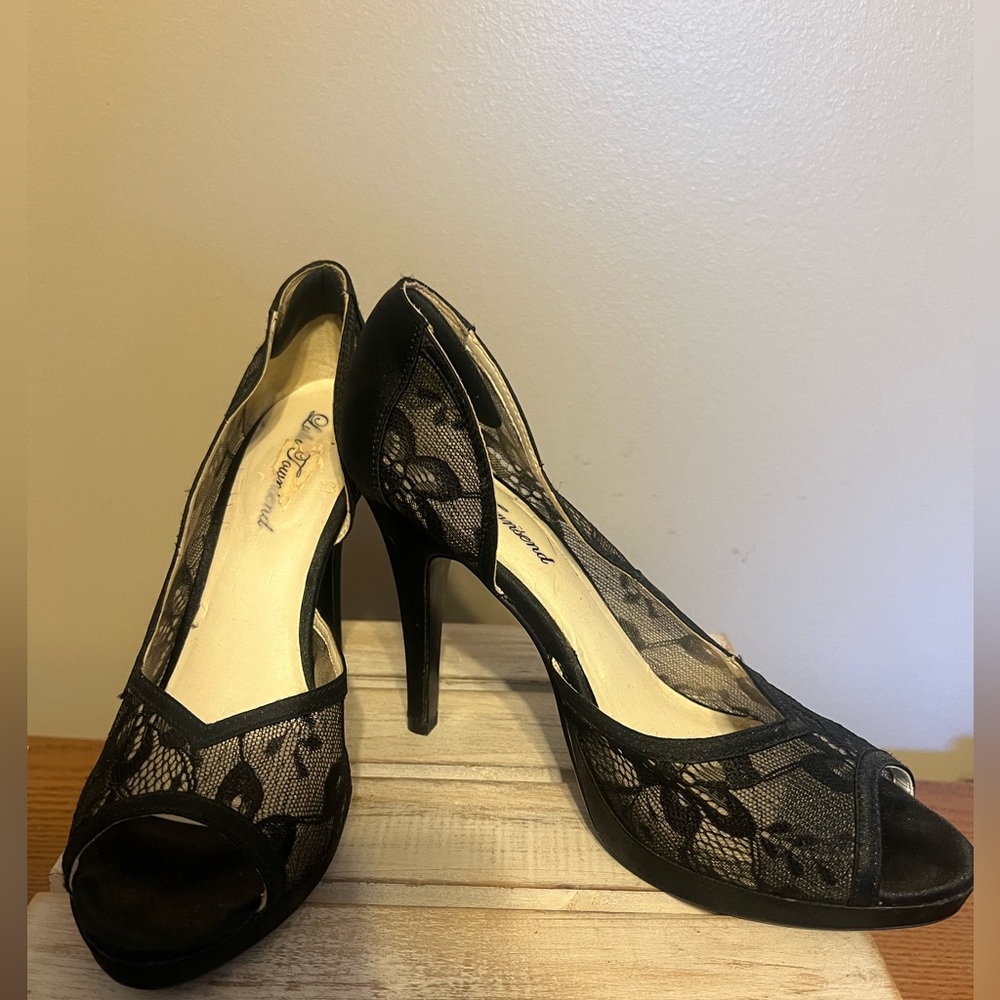 Lace satin open toe sexy black heel sz 9